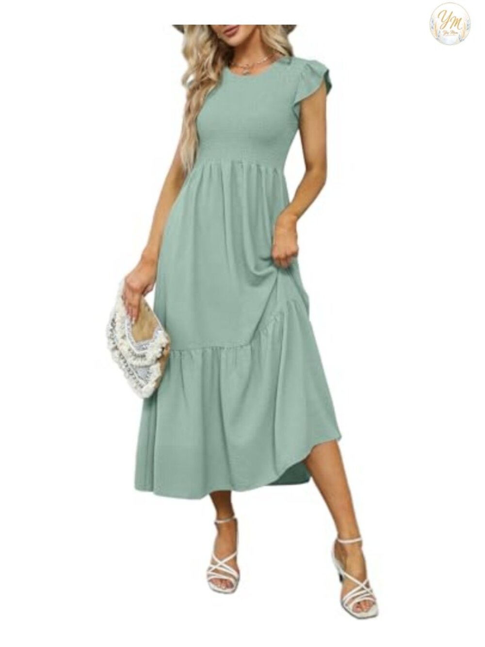 Casual Maxi Dress with Pockets Ruffle Sleeve Smocked Tiered Dress - Picture 4 of 6
